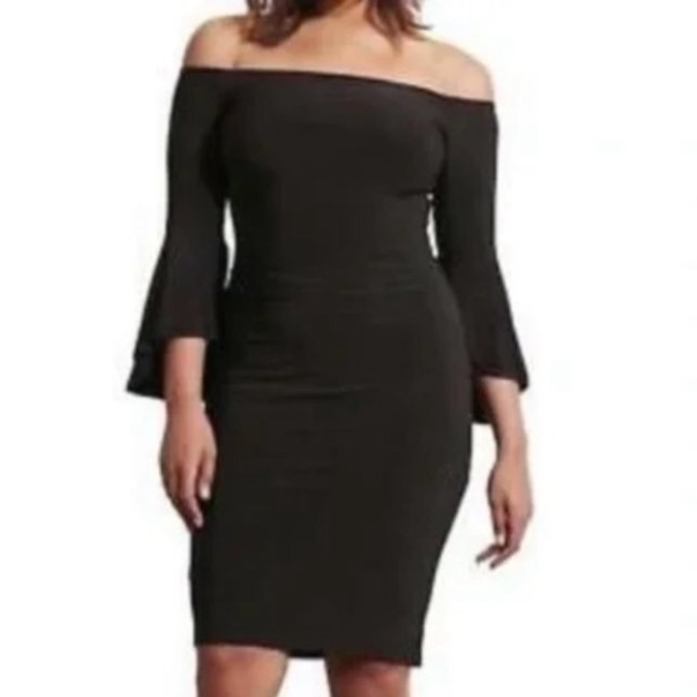 Lauren Ralph Lauren black size 16W off shoulder midi dress with 3/4 bell sleeve